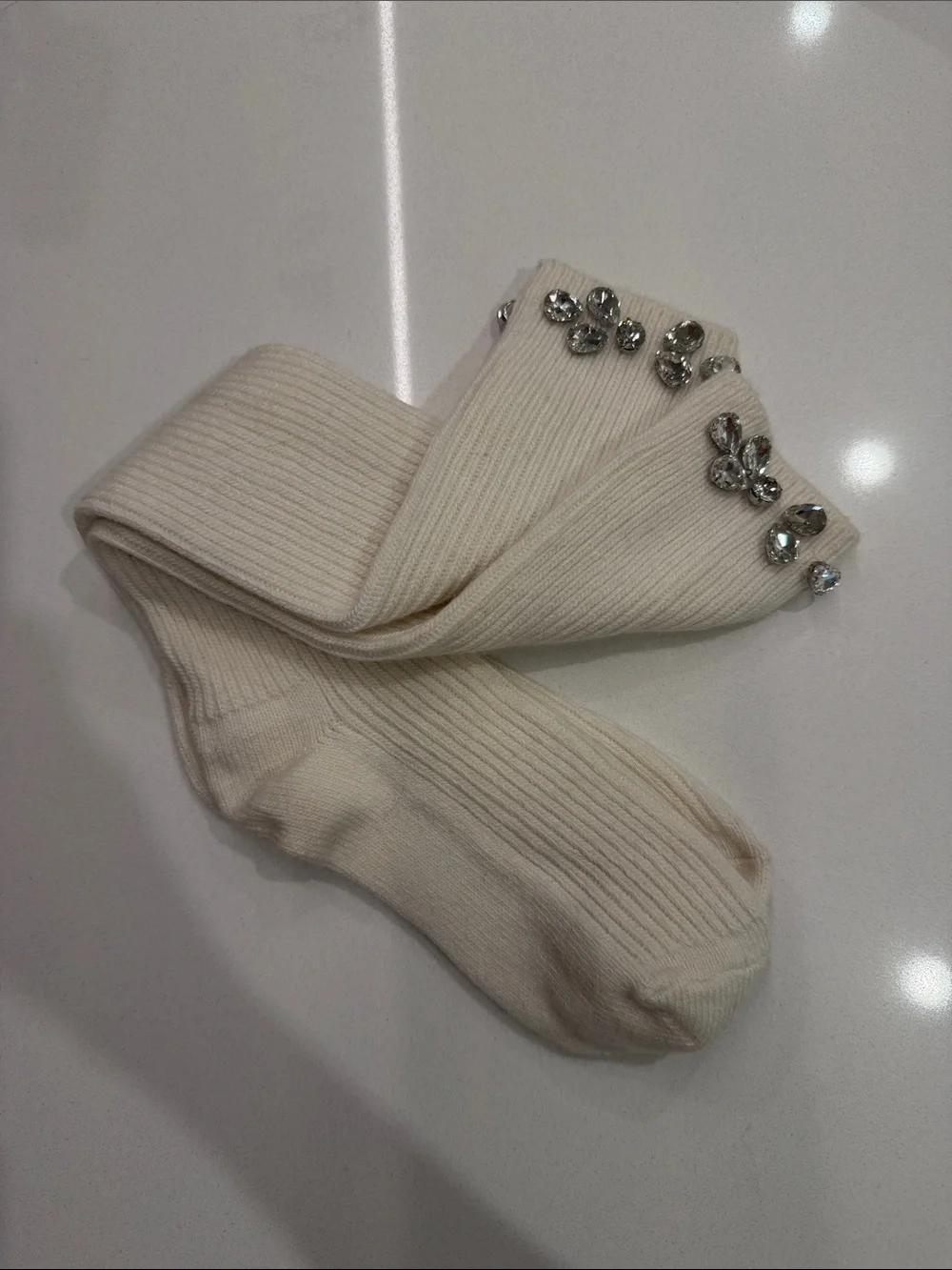 Maje New White, Ecru Long Knee High Socks With Rhinestone Embellished Size: OS